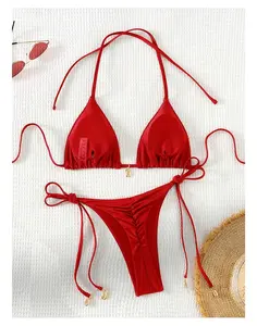 Women's Red Bikini Set - Halter Two Piece Swimsuit, Adjustable Tie Strap Bathing Suit, High Stretch Nylon, Decorative Charms, Beach Pool Summer