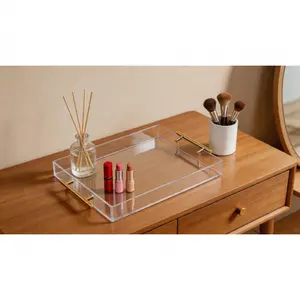 12"*16" clear acrylic serving tray with gold handles. Sturdy large-capacity tray for drinks, daily storage and organization on kitchen counters or desks.Solo Hot Shop