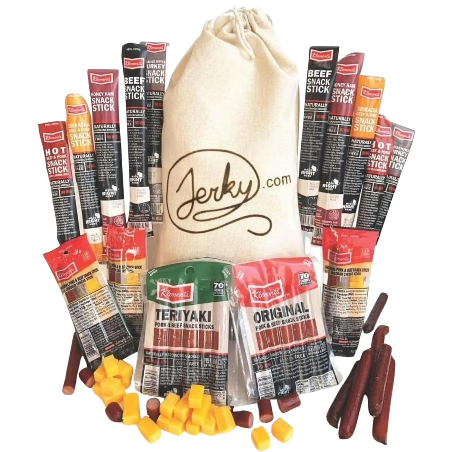 26 pc. Jerky Meat & Cheese Gift Basket - Sampler Variety Pack of Dry Beef, Pork, Turkey, & Ham Snack Sticks - Protein Snack Bundle, Unique Gift for Men, Food Gifts for Men, Gifts for Him, Meat Variety Assortment, Jerky Variety Packs, Christmas Basket