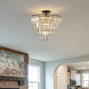 Black metal 5-tier K9 crystal flush mount chandelier, 10 lights, E12 base, 110V ceiling light fixture, modern luxury lighting for living room, dining room, foyer