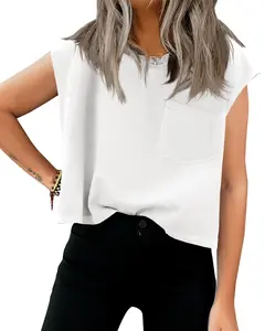 Womens Crop Tank Top Cap Sleeve Summer Tops Loose Casual Basic Crewneck Shirts with Pockets