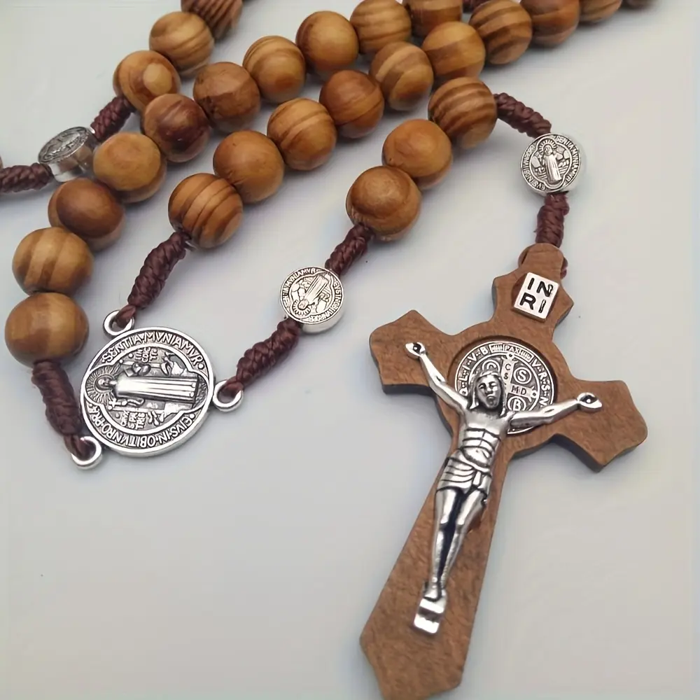 Retro Brown Wooden Christian Prayer Beads - 1 Religious Accessory with Jesus Figure Cross, Elegant Peace & Blessing Fashion Costume Jewelry Necklace