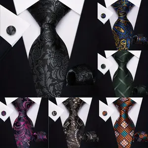 MIHAISU Jacquard Men's Wedding Tie with Pocket Square Cufflinks Fashion 3.15inch Width Black Red Green Yellow Burgundy Paisley Striped Solid Necktie for Man Business Party Dinner Unique Design Men Ties 3 PSC