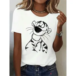 Wo'S Casual Crew Neck T-shirt with Fun Tiger Pattern Print Machine Washable Short Sleeved Regular Fit for All Seasons Funny Patterned T-shirt Medium Elasticity Womenswear Top