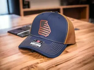Georgia Flag Hat - Navy Blue & Tan Mesh Cap with American Flag Patch for Everyday Wear