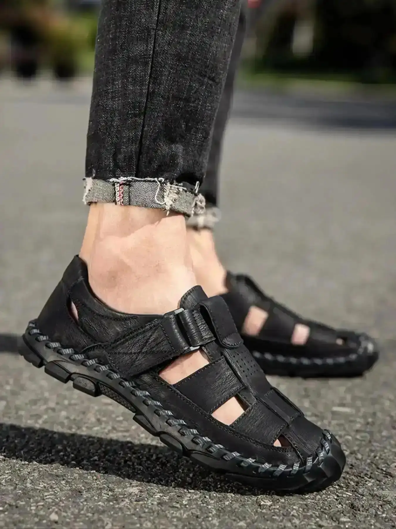 Men Handmade Stitching Design Sports Sandals Retro Beach Breathable Soft Sole Driving Shoes Comfortable Velcro Outdoor Wear Boy Casual, Trendy, Lightweight, Fashion, Durable, Stylish