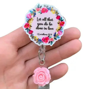 Let All Be Done in Love Bible Christian Quote Badge Holder Reel Retractable Badge Holder with Clip nurse Floral Design Office Supplies badge reels badge reel lanyard