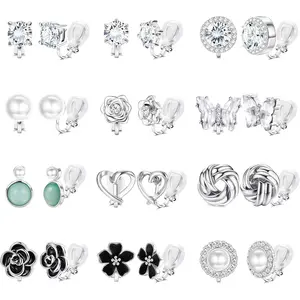 CASSIECA Comfortable Clip on Earrings for Women Sparklrd Crystal Clip Earrings CZ Cute Butterfly Flower Pearl Clip on Stud Earrings Non Piercing Jewelry