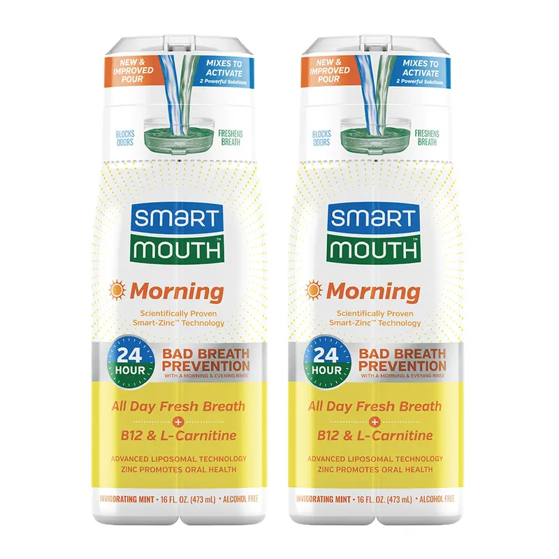 SmartMouth Advanced Liposomal Morning Mouthwash - All-Day Fresh Breath - Vitamin B12 & L-Carnitine - Dual-Solution Zinc-Activated Morning Mouthwash - Invigorating Mint Flavor - 16 fl oz Each, 2-Pack