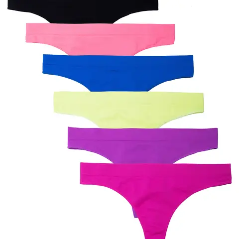 Kalon Women's 6-Pack Cute Seamless Thong Panties - Fashion Thigh-Hugging Knit Underwear, Soft Stretchy Nylon Spandex, Elastic Design for All-Day Work Comfort