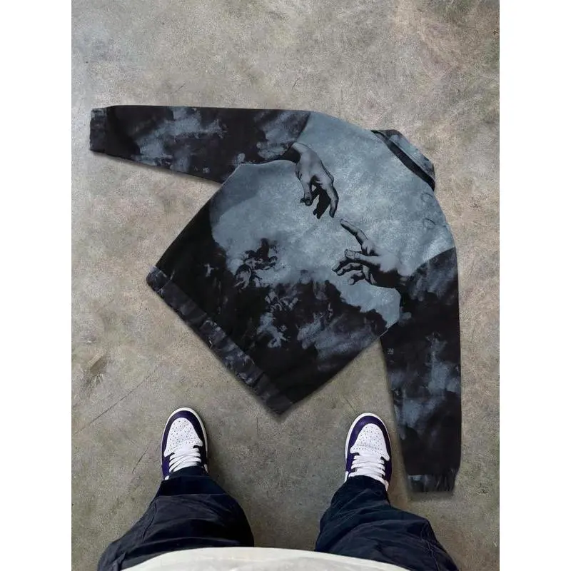 Men's Denim-effect Print Pocket Zipper Jacket, Loose Casual Long Sleeve Outerwear for Spring & Fall, Fashion Men's Clothes for Daily Wear, Coats Men's Denim-effect Print Pocket Zipper Jacket, Loose Casual Long Sleeve Outerwear for Spring & Fall, Fashion Men's Clothes for Daily Wear, Coats