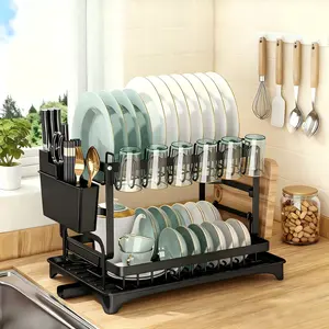 Large Dish Drying Rack for Kitchen Counter, Stainless Steel Dish Rack with Drainboard, Heaty Duty Dish Drainer with Utensil Holder, Black