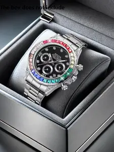 Men's Fashion Colorful Rhinestone Decorated Analog Quartz Watch, Fashion Watch for Party, Daily Clothing Decor, Trendy All-match & Exquisite Watch for Birthday Gift with Box, Fashionable Watches, Quartz Wristwatch