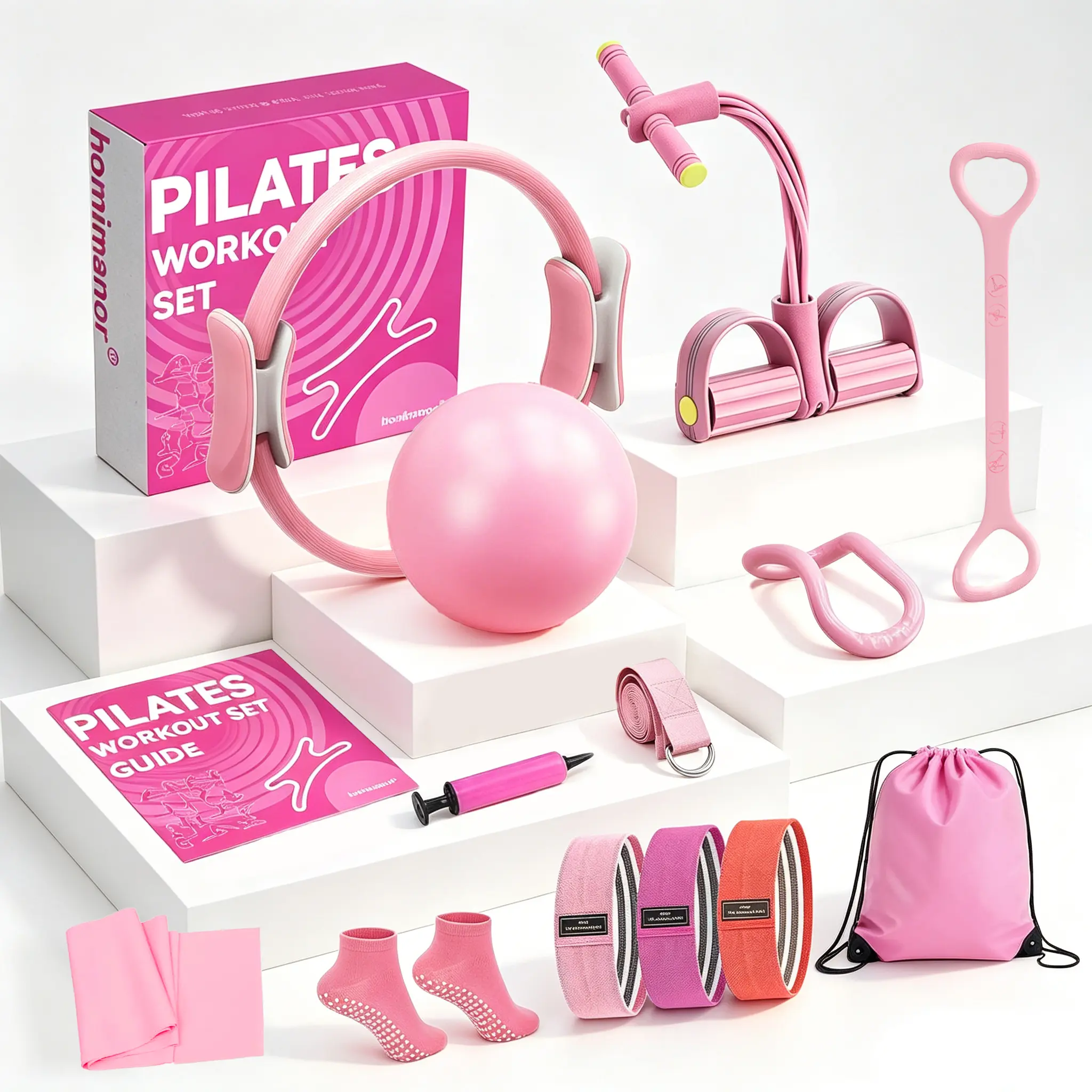 homimanor 13PCS Pilates Ring Set for Women Home Workout, Pilates Equipment Set for Beginners with 15'' Magic Circle, 9.8" Yoga Ball and Resistance Bands, Pilates Kit for Full Body Toning
