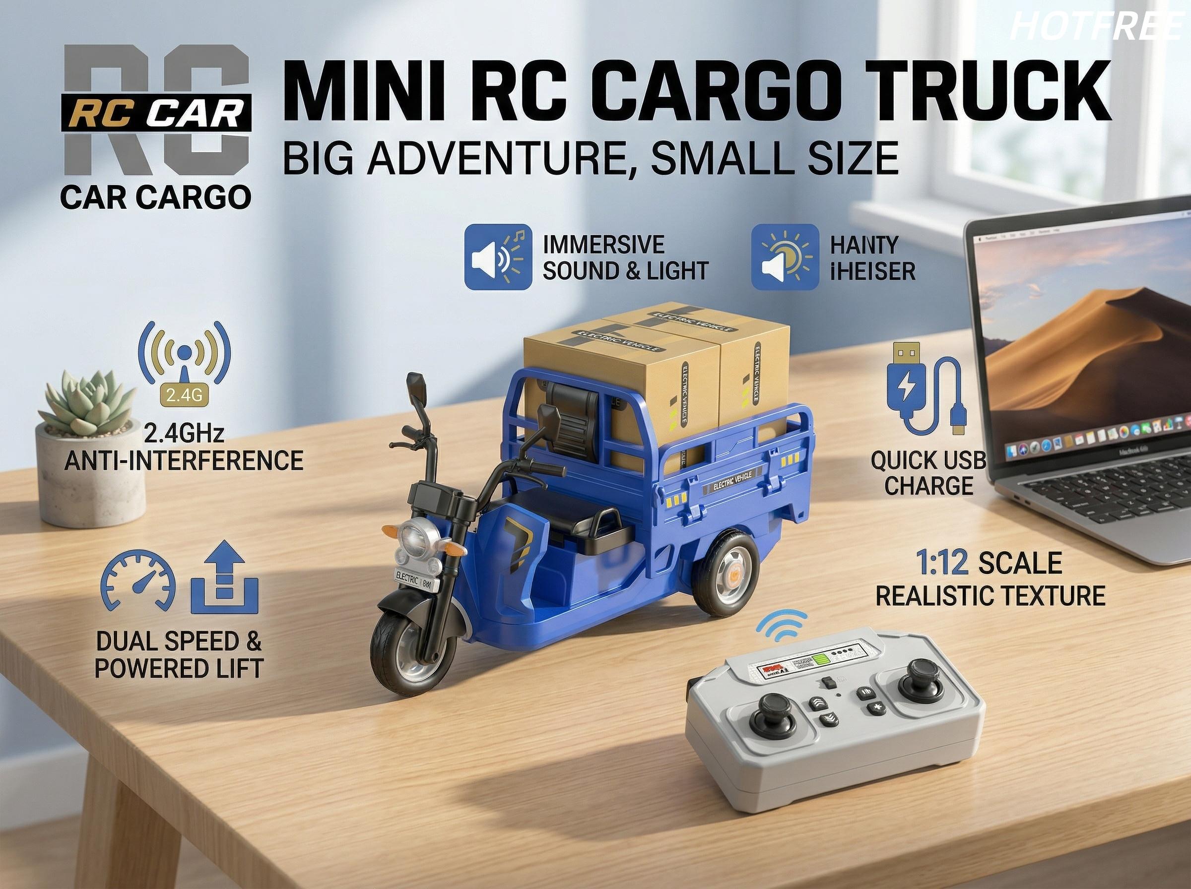 Hotfree Mini RC Cargo Tricycle Toy, 2.4Ghz Remote Control Dump Truck with Loading Bed, Headlight and Sounds, USB Rechargeable Electric Vehicle, Birthday Christmas Gift for Boys Girls Kids Ages 6+