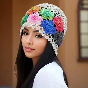 A Women's Multi-color Ethnic Bohemian Crochet Hat, New Spring/summer Style, Artistic Colorful Flower Hat, Melon Seed Hat (flower Color Random)