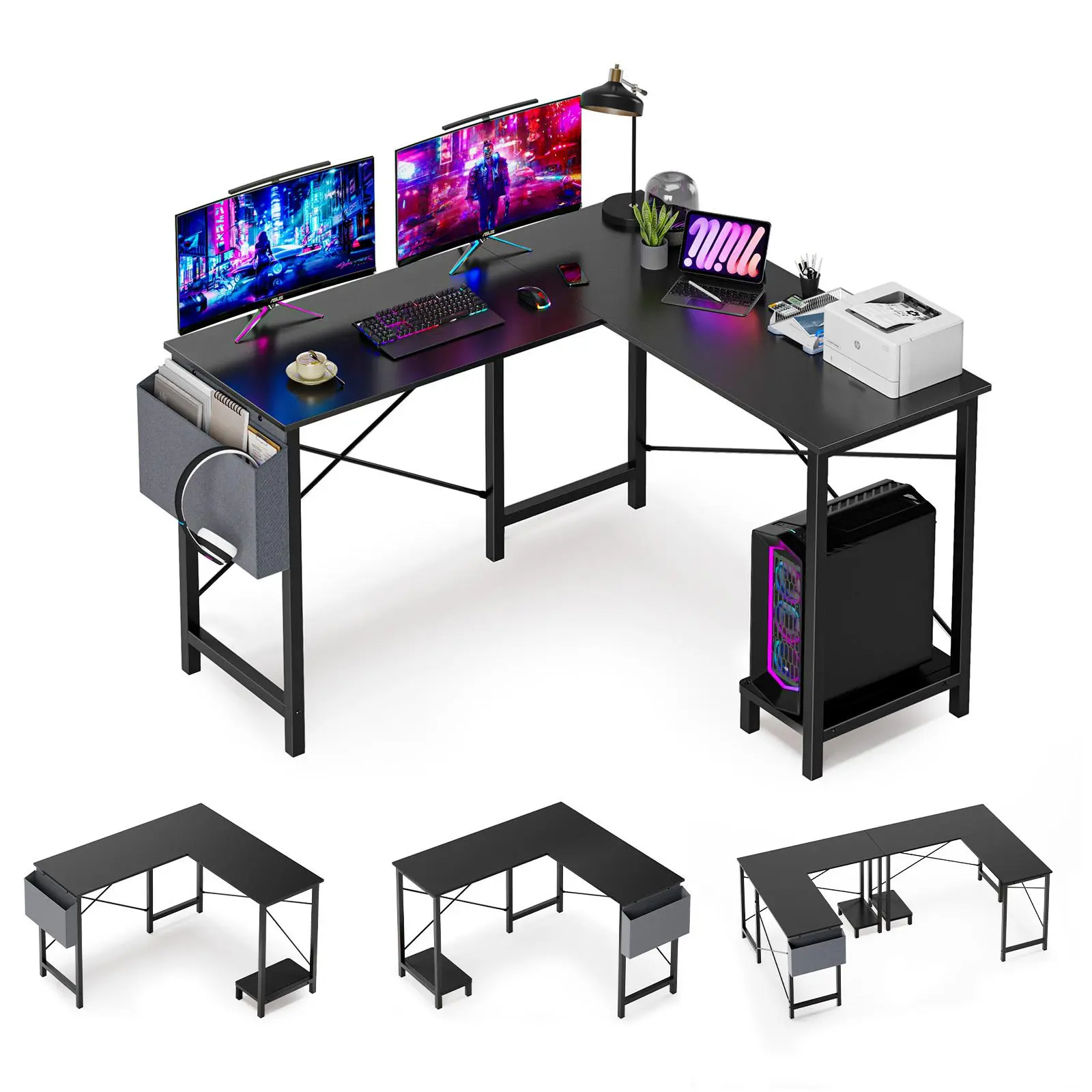 Sweetcrispy L-Shaped Computer Desk with CPU Stand and Side Bag, Dual Monitor Gaming Desk for Home Office and Bedroom