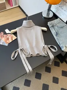 Spring Summer Women's Sexy High Neck Tie Back Vest, Fashion Outerwear, Elegant Knitted Short Jacket, Slim-Fitting Blouse