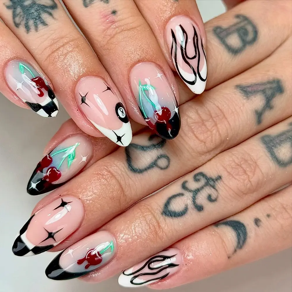 24pcs Long Almond Press-On Nails Set, False Nail Kits, Cherry Pattern Acrylic False Nails, Includes Jelly Glue and Nail File, Easy Wear for Parties and Daily Use, Almond Fake Nails