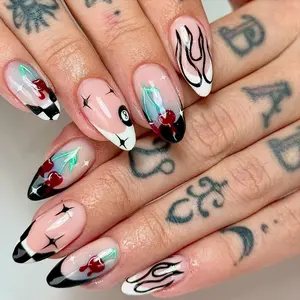 24pcs Long Almond Press-On Nails Set, Cherry Pattern Acrylic False Nails, Includes Jelly Glue and Nail File, Easy Wear for Parties and Daily Use, Almond Fake Nails