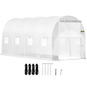 VEVOR 15 x 6.5 x 7 ft Walk-in Tunnel Greenhouse, Portable Plant Hot House with Galvanized Steel Hoops, 1 Top Beam, Diagonal Poles, Zippered Door & 8 Roll-up Windows, White
