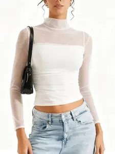 Solid Color Round Neck Mesh Patchwork Sheer Long Sleeve Half High Neck Sexy Fitted T-Shirt, Fashionable, Chic and Trendy Top for Women
