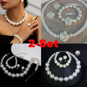 9PCS (2-Set) Elegant Women Imitation Pearl Jewelry Set Exquisite Camellia Pearl Necklace, Bracelet, and Earrings Set Vintage Golden-Tone Accents Charm Women Necklace, Bracelet, Earrings, and Ring Handmade Adjustable Jewelry Gift