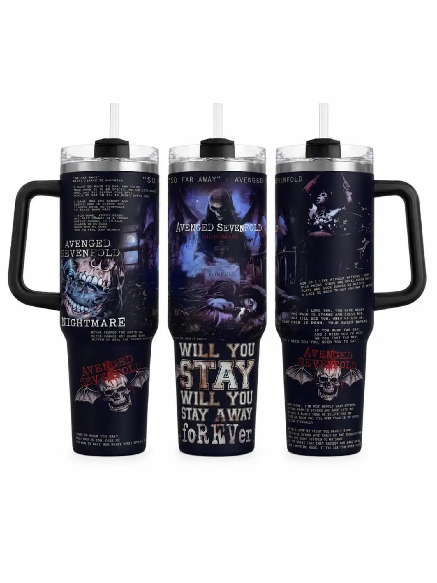Avenged Sevenfold Nightmare Tumbler, 30oz 40oz A7X Deathbat Skull Cup, Gothic Heavy Metal Rock Fan Drinkware, No Straw