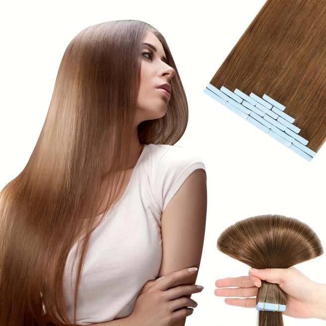 20Pcs 30g Seamless Tape-In Human Hair Extensions, Straight Skin Weft Remy Hair, Invisible & Natural Look, 12-28 Inch Lengths for Women