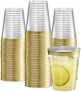 Disposable 8 oz Crystal Clear Plastic Tumblers With Gold Rim for Party's & Weddings pack of 50