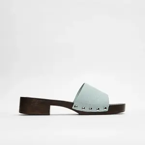 JUST FAB Women's Flat Sandal Denim Studded Slide Sandals Wood-Look Block Heel Slip-On Summer Sandals for Casual & Vacation