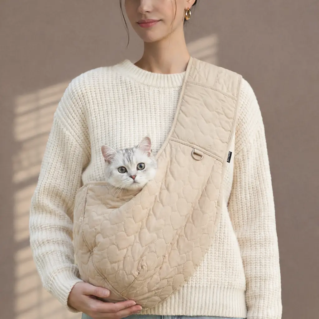 Quilted Pet Sling Carrier for Cats & Small Dogs, Safety Tether Hands-Free Shoulder Bag, Adjustable Strap, Fits Pets10–12 lb Adjustable Strap 68–80cm Harness