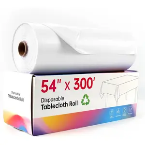 Plastic Table Cover Roll, White Disposable Tablecloth 54IN X 300FT with Slide- Box for Rectangle and Round Tables,  PEVA Table Cloth Roll for Picnic, Party, Birthday, Wedding