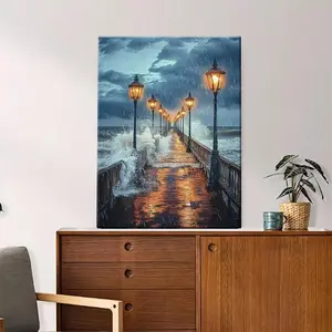 2D Flat, 1pc Coastal Pier Canvas Art Print – Long Boardwalk with Street Lamps, Dramatic Sky & Ocean Waves, Wrapped Canvas Frame for Living Room, Bedroom, or Office Decor, Beach Theme Decor, 2D Flat	