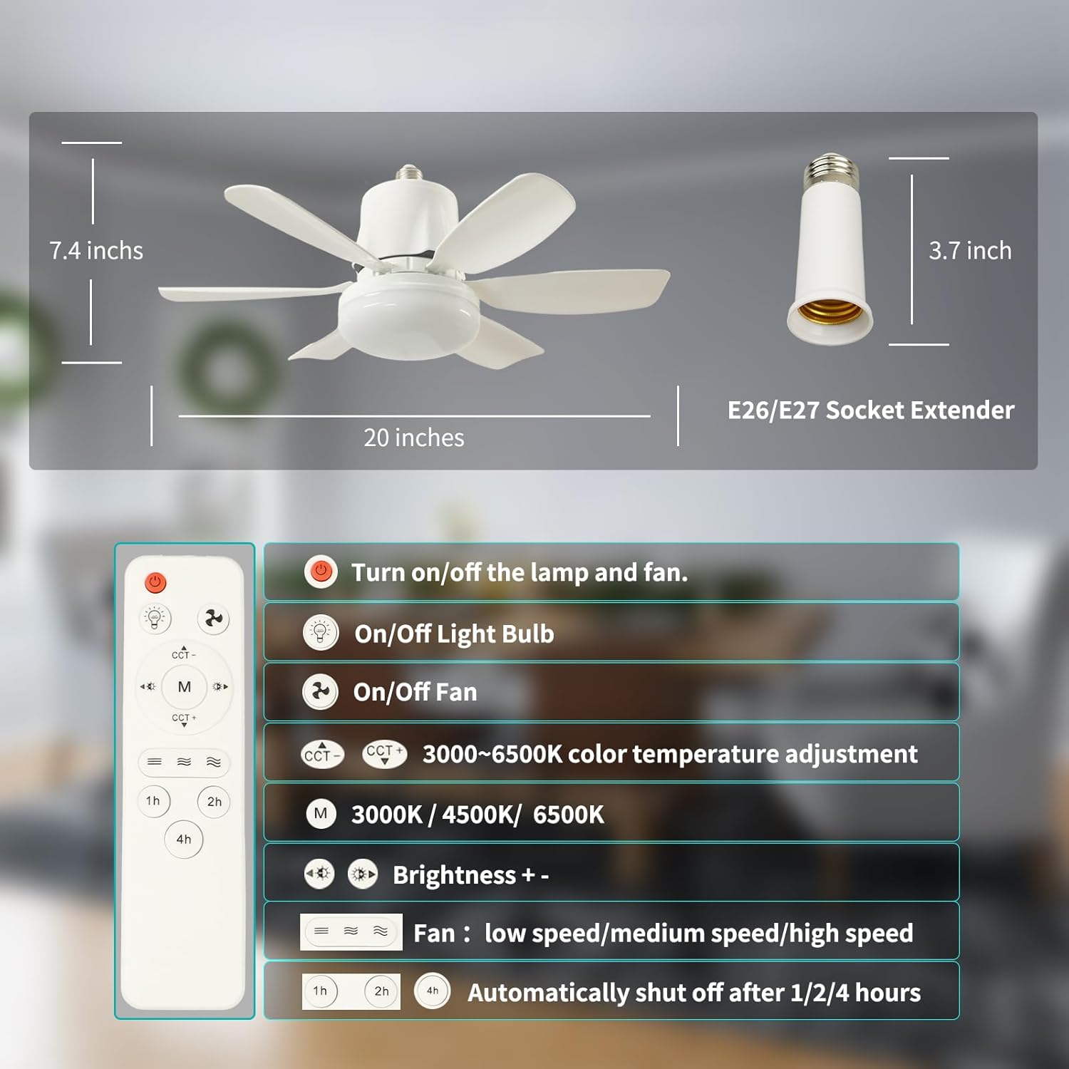 20.5" Socket Fan Light, Dimmable LED Bulb Fan with Remote Control, E26/E27 Screw-In Ceiling Fan Light Combo for Garage, Kitchen, Bedroom, Balcony, Laundry Room