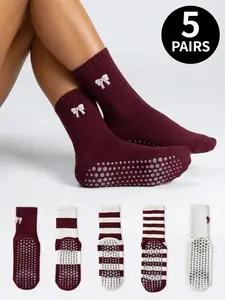 5 Pair of Women's Striped Bow Mid-Calf Socks, ideal for fitness, dance, Pilates, and indoor workouts; non-slip yoga socks with grips; Angora red colorway Womenswear
