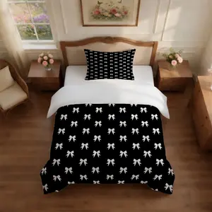 Black and White Bow Print Comforter Set, 2/3 Pieces (1 Comforter + 1/2 Pillowcases, No Pillow Insert), Soft Breathable Coquette Style Printed Bedding, Perfect for Teens and Adults Bedroom Decoration, Ideal Holiday and Souvenir Gift