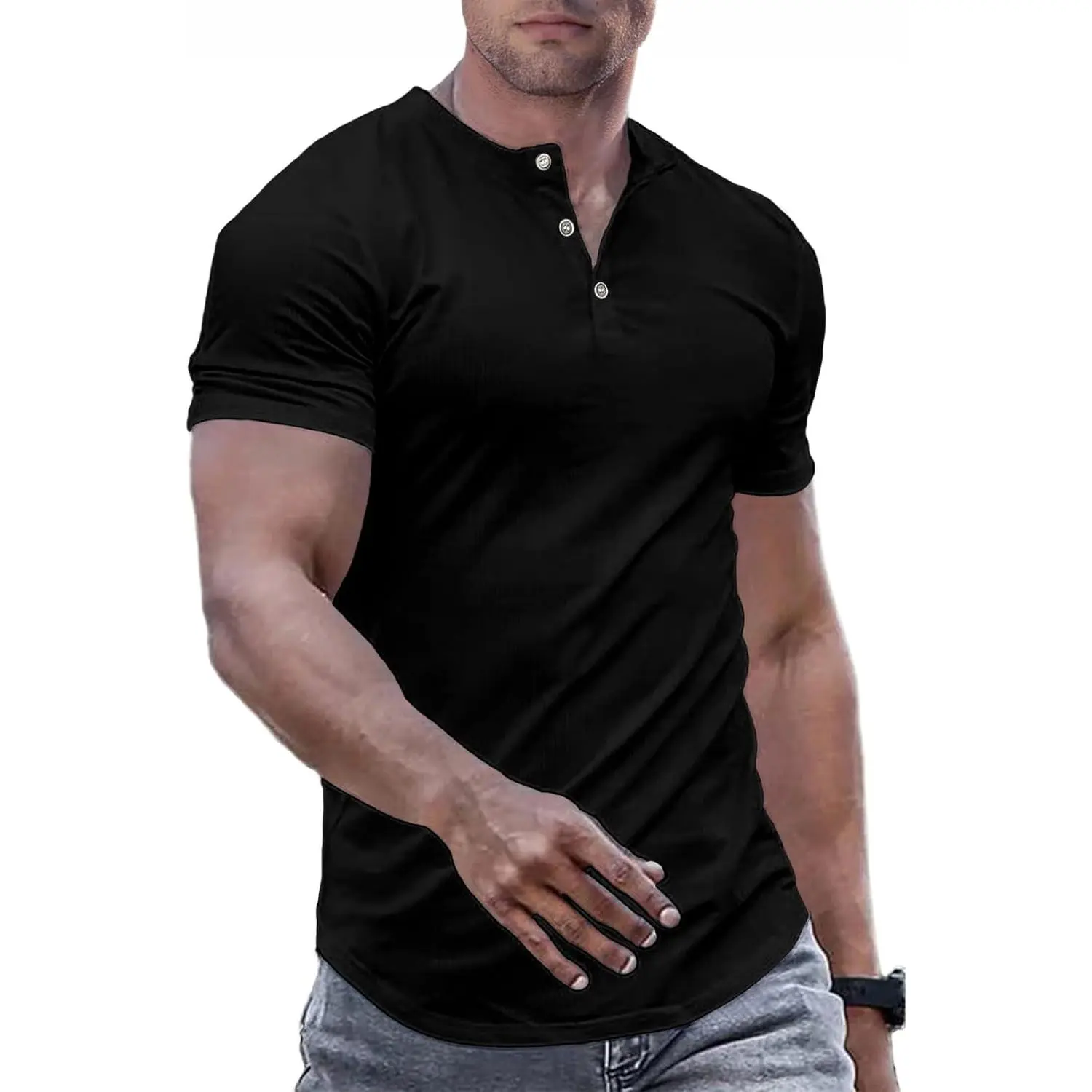 Men's Muscle Slim Henley Shirts Crewneck Longline T-Shirt Gym Workout Athletic Shirt Tees with Button fall fashion outfit Casual Top