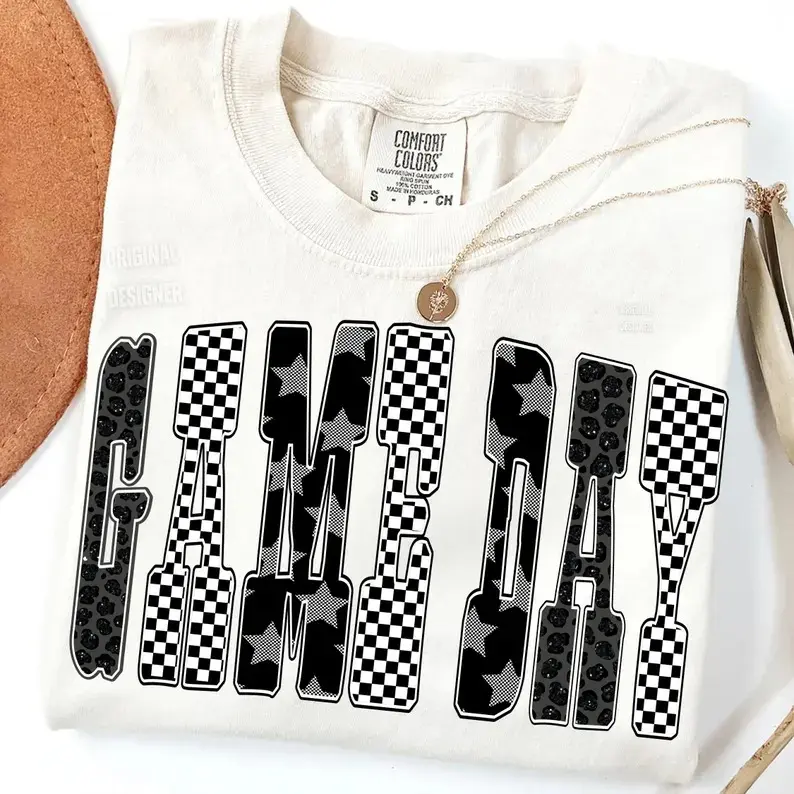 Comfort Colors Black White Game Day Shirt, Graphic Game Day Tee, Checkered Star Football Shirt, Gift for Football Lover, Unisex Tee