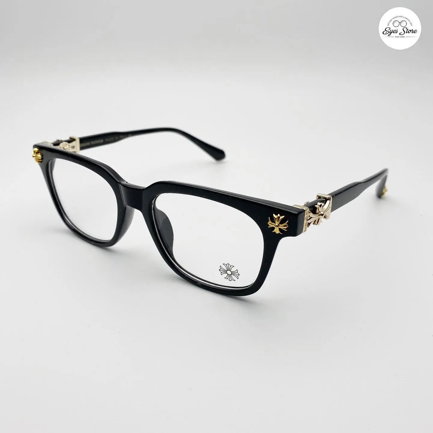 High-End Chrome Hearts Square Eyeglass Frames for Men & Women, Luxury Black Gold Cross Detail Optical Glasses, Premium Designer Style Unisex Frames with Leather Case