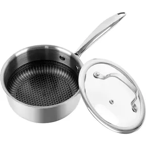 1.3QT Tri-Ply Hybrid Stainless Steel Saucepan with Lid, Non Stick Small Sauce Pan for Cooking, Honeycomb Nonstick Pot, Induction Compatible Saucepan, Stay Cool Handle, Oven Safe