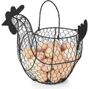 Wire Chicken Egg Collecting Basket with Handle for Collecting Eggs Fruits Vegetables, Rustic Farmhouse Style Small Decorative Egg Basket for Kitchen Countertop, Black
