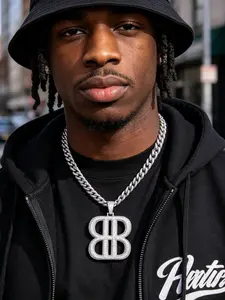 Iced Out Double B Initial Pendant Necklace with Cuban Link Chain, 14K Silver Plated Full Micro Paved CZ Bling Letter B Charm, Hip Hop Alphabet Jewelry for Men Women Premium Iced Out Double B Necklace, Full Round Cut Cubic Zirconia Initial Pendant