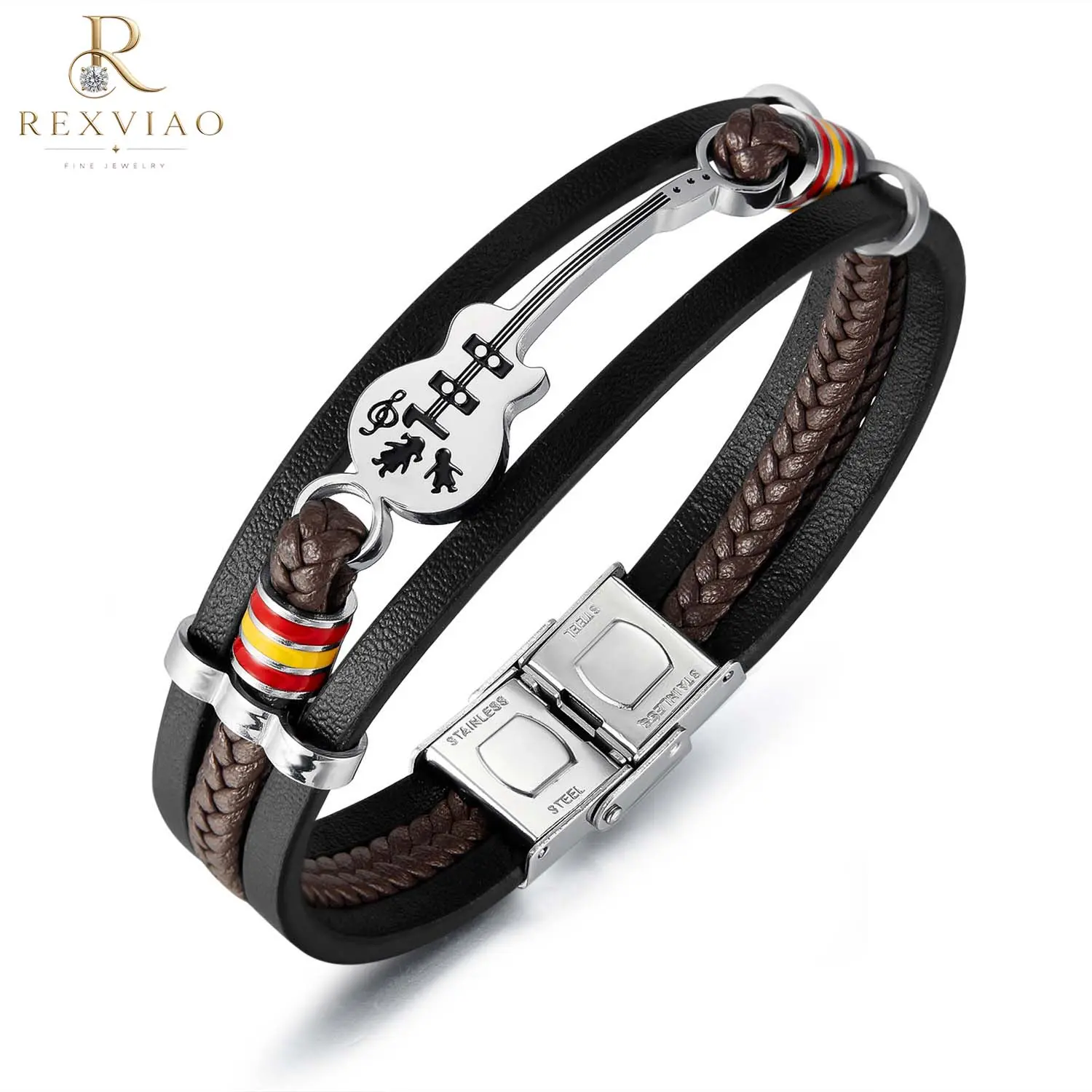 Rexviao Men’s Punk-Style Leather Guitar Bracelet | Multi-layer design | Distinctive accessory | Ideal gift for a boyfriend who loves music
