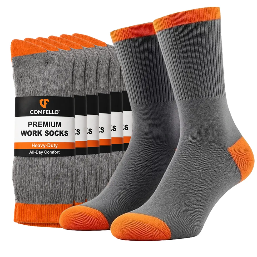 COMFELLO Men's Heavy Duty 90% Cotton Work Socks 10 -13 Sizes | Cushioned Crew Boot Socks | Durable, No-Slip, Breathable Bulk Pack for Long Shifts