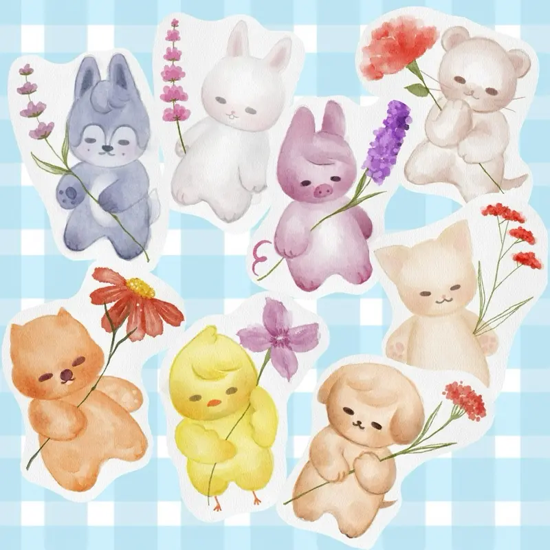 Kpop SKZ Watercolor Floral Vinyl Stickers - Adorable Animal Designs with Flowers for Decor