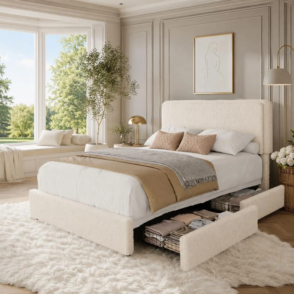 Twin Size Bouclé Fleece Bed Frame with 2 Storage Drawers | Adjustable upholstered headboard, Flexible Drawers, Easy to Assemble, Modern Cloud Bed Design