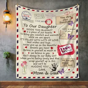 Plush Flannel Love Letter Blanket for Daughter - Heartfelt Mom & Dad Gift, 127.0cm x 152.4cm, with Inspirational Message, Stamps, Airplane Tickets, Purple Butterflies Design