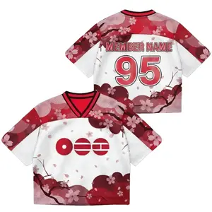 Bangtan Custom Member Name and Number Crop Top Jersey, Bold White and Red Sakura Floral Airiang World Tour Army Inspired Personalized Design, Best Gift for ARMY Fan and Kpop Lover