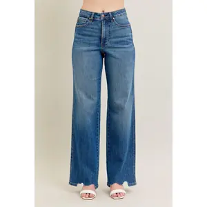 Judy Blue Full Size High Waist Tummy Control Chew Hem Destroy Wide Jeans Plus Size
